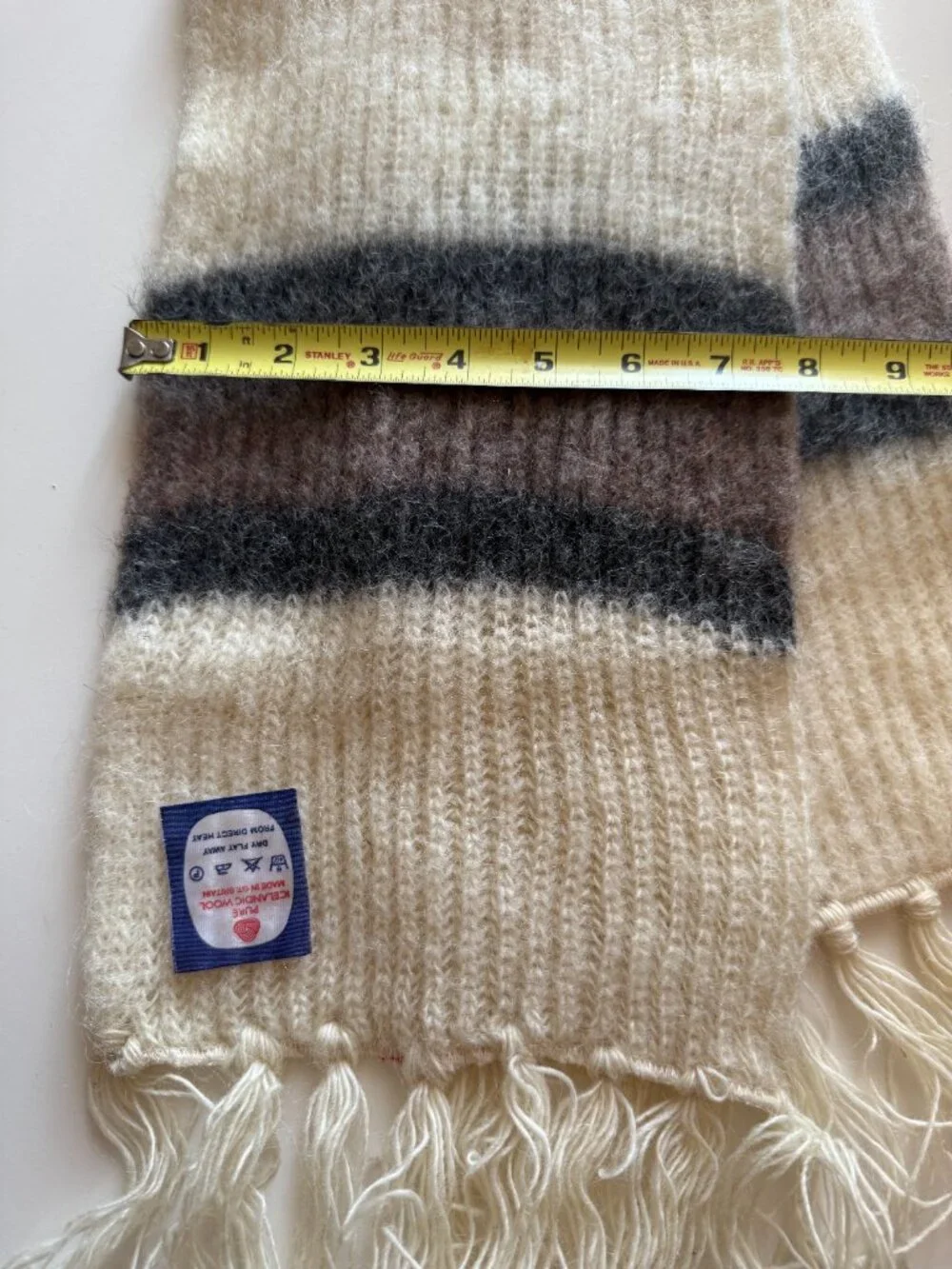 Vintage 100% Iceland Wool Scarf Made in Great Britain Ivory Brown Grey 46